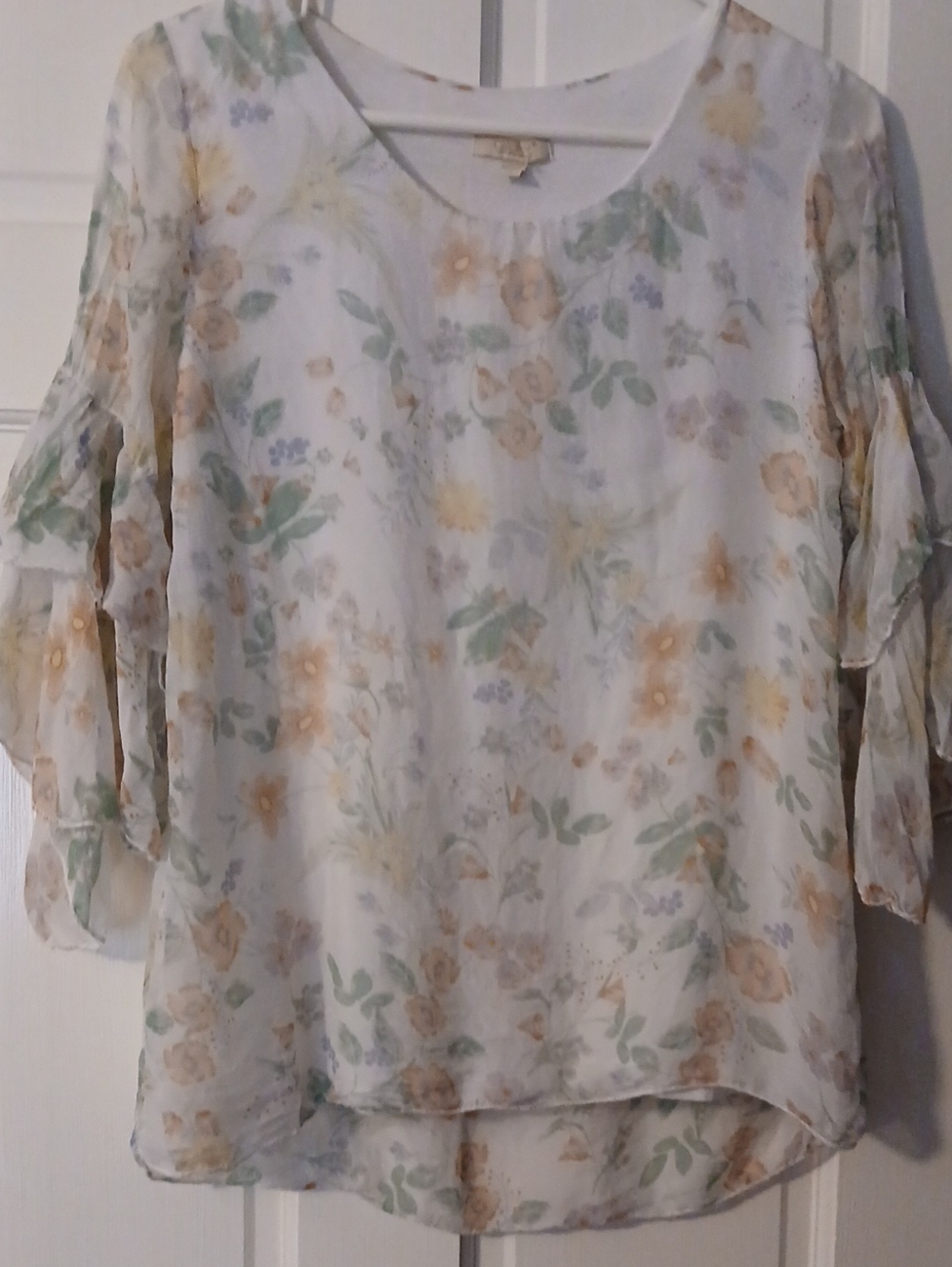 Guisy Lightweight Silk Floral Ruffle-Sleeve Blouse - White/Yellow/Green